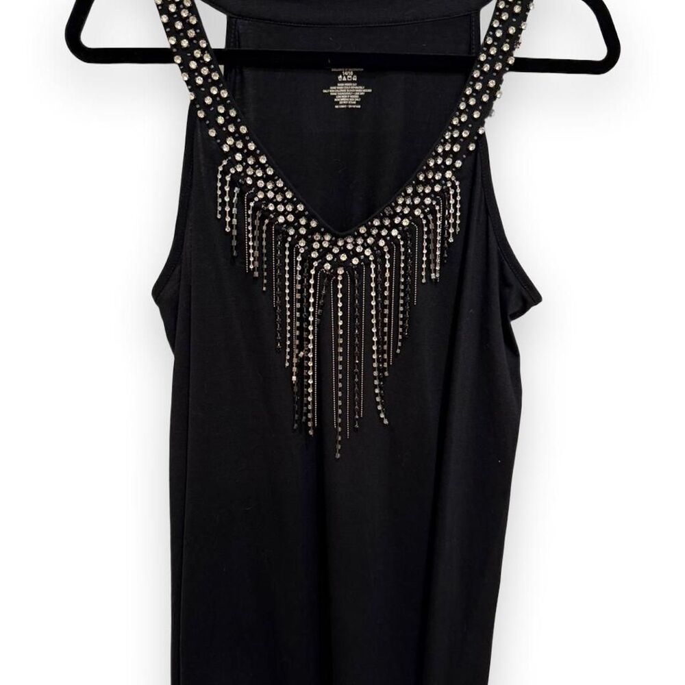 Lane Bryant Women's Black V-Neck Glam Rhinestone Fringe Party Top 14/16